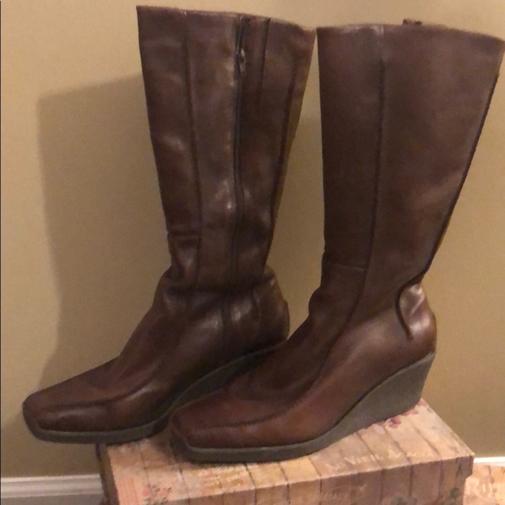 Chocolate Leather Wedge Boots - Picture 3 of 8